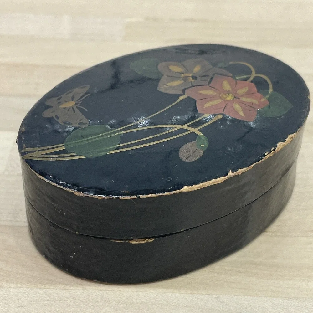 Vtg Trinket Box Paper Mache‎ Hand Painted Lacquered Butterfly Floral Oval Lid